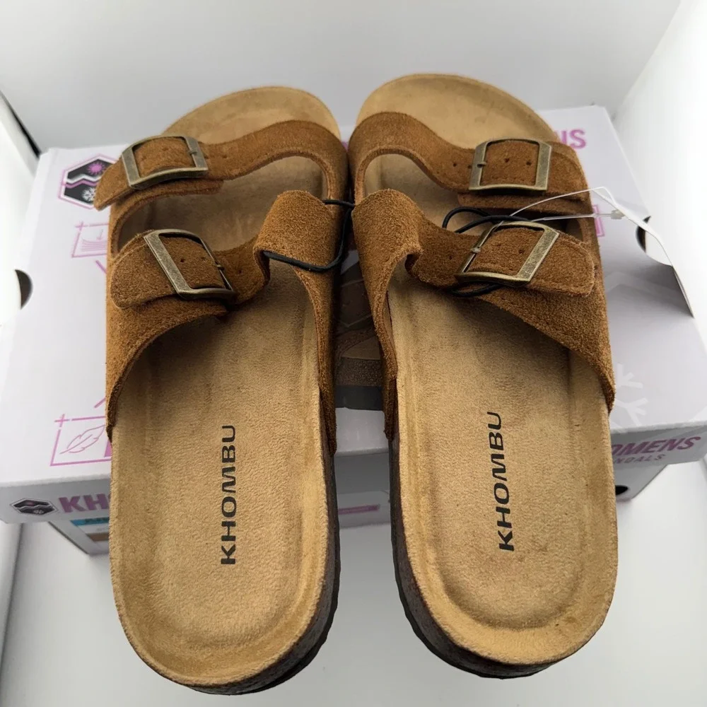 Khombu Ashville Sandals Womens 10 Brown New Suede Buckle Slide Comfort Shoes